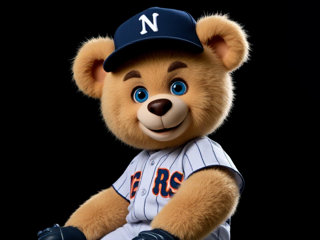 A human teddy bear coconut creme colored fur blue eyes wearing a tigers uniform navy hat white jersey white baseball pants navy socks navy cleats smiling