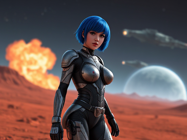 25 years, Young, nymph Goth Space girl, royal blue short hair, robotic armour armor suit, tattoos, walking on red planet, galactic space battleships in background, giant blasts explosions at a distance, hyperrealistic, 4K