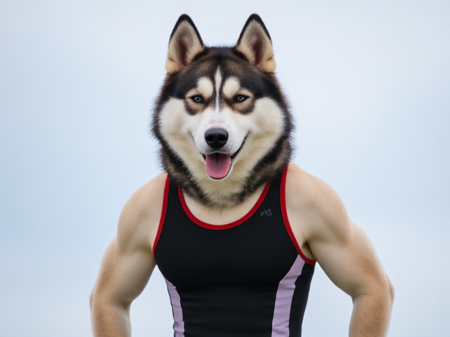 A anthropomorphic Siberian husky wearing an athletic swimsuit