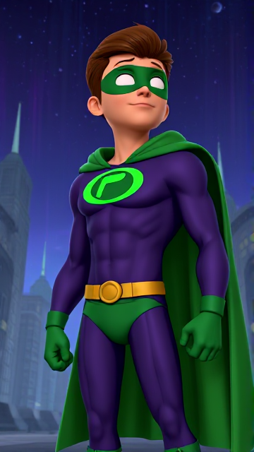 Modern Cartoon Movie scene: A young, Autistic 25-year old boy with light skin and flat, smooth, and slick brown hair named T.J. Granger, but transformed into a genetically-altered superhero named Powerman, who, despite still being a young adult kid, has an extremely muscular body. He wears a sleek purple suit with a green P symbol on his chest, a gold belt with a circular buckle, green briefs, green boots, green long-cuffed gloves, a really big, toe-length long, ultra-wide green cape wreathed around his neck, and a green eye mask that protects his true identity. He also has incredible and invincible superpowers flowing through his veins. In this scene, Powerman is currently standing in the alien city on his masters' home planet of Zantal, where he looks up to the cosmic skies, sensing that something is wrong, and he knows he must investigate.