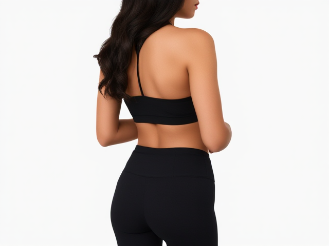 This image shows a woman standing with her back to the camera, wearing a black sports bra and high-waisted black leggings.

Appearance
She has long, dark, wavy hair cascading over her right shoulder and down her back.

Her skin tone appears to be medium.

Her build is slender with visible definition in her arms and upper back.

Attire
The outfit consists of form-fitting athletic wear, suitable for fitness, yoga, or casual activities.

The background is plain, directing focus toward her figure and clothing.