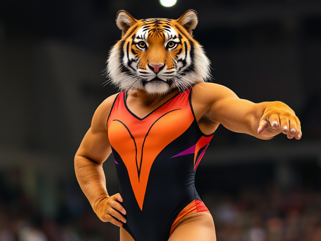 Tiger wearing a vibrant gymnastics leotard, sleek and elegant design, dynamic pose, detailed fur texture, bright lighting, gymnastic arena background