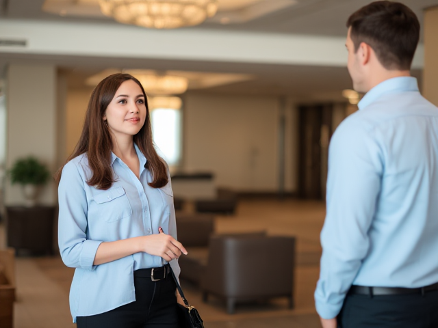 Brunette female wearing a light blue shirt and black pants meeting a man in a hotel lobby