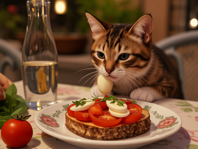 Una bruschetta pomodorro e mozzarella. Assiette en céramique florale et colorée. Lieu : terasse en Sicile. Un chaton joue avec une pelote de laine sur la table.