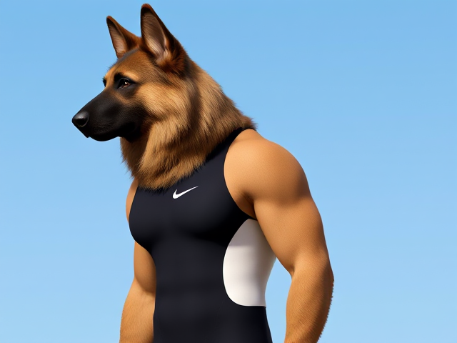 A tall and lean anthropomorphic long haired German shepherd with a long torso and broad shoulders wearing a high cut Nike one piece swimsuit and swimming goggles