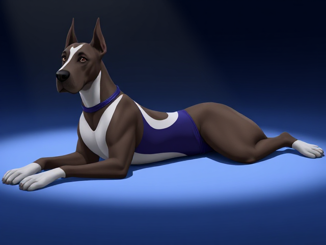 A anthropomorphic Great Dane Olympic gymnast wearing a leotard, lying down