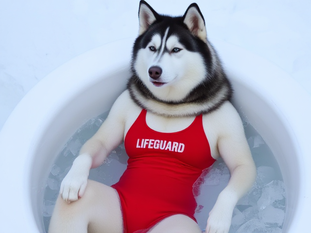 A anthropomorphic alaskan malamute wearing a red lifeguard one piece swimsuit sitting in a ice bath relaxing her sore muscles