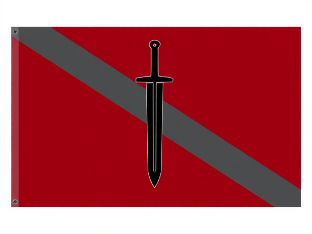 Un drapeau rectangulaire au fond rouge foncé uni.
Au centre, un sabre stylisé noir, cassé en deux morceaux verticalement alignés mais légèrement décalés, chacun avec un fin contour gris clair pour le faire ressortir.
Une large bande diagonale gris acier traverse le drapeau, partant du coin inférieur gauche jusqu’au coin supérieur droit, passant derrière le sabre.
Le style du sabre est simple et moderne, avec une lame droite et une poignée minimaliste.
L’ensemble dégage une atmosphère de puissance sombre, de rupture et de guerre.