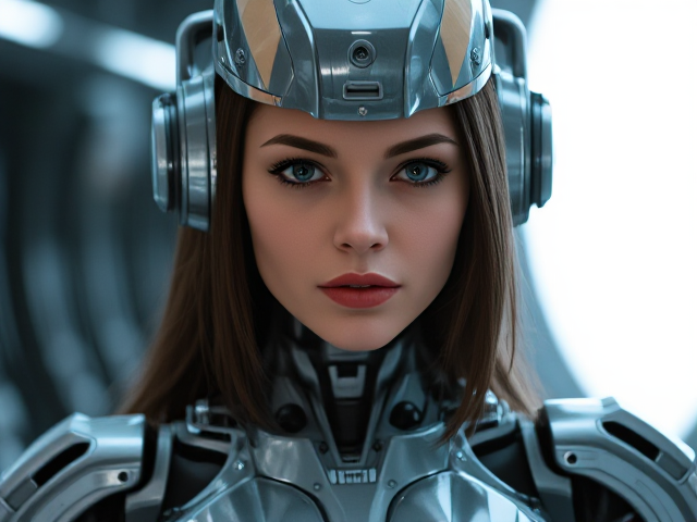 Beyond Westworld, a futuristic Laura Garvey as a highly detailed fembot, showcasing advanced robotic features, sleek design, and expressive eyes in a high-tech environment, head, torso, legs