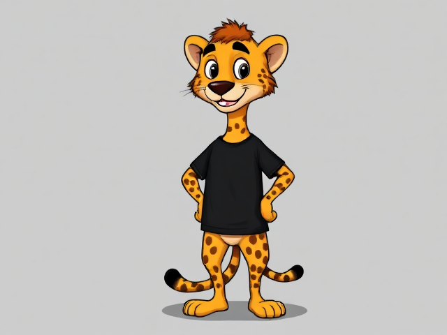 Cartoon-style cheetah character, standing upright, wearing a black t-shirt, vibrant colors, cheerful expression, detailed fur texture, no pants