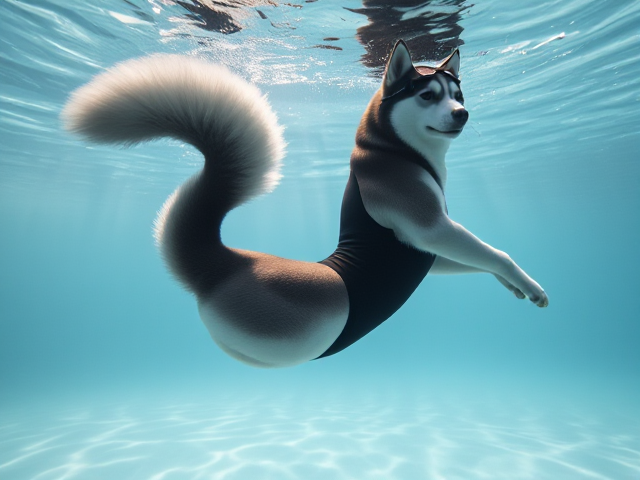 Anthropomorphic Siberian Husky in a form-fitting neoprene swimsuit and goggles, gracefully displaying her sleek tail and curvaceous hips underwater, surrounded by gentle ripples and shimmering light rays, capturing a sense of elegance and fluidity