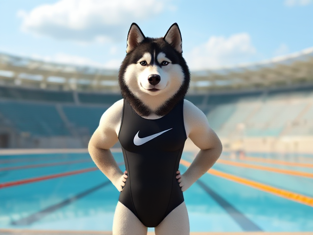 A anthropomorphic Alaskan malamute wearing a Nike one piece swimsuit while standing next to a Olympic sized swimming pool