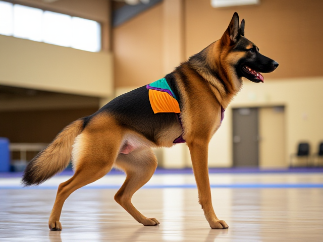 Anthropomorphic German shepherd with strong hips, wearing a colorful gymnastics leotard, performing in a gymnasium setting, dynamic pose