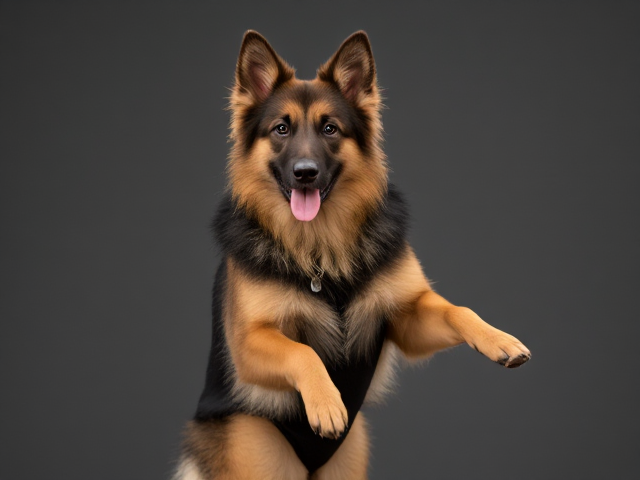 Long haired German shepherd leotard gymnast
