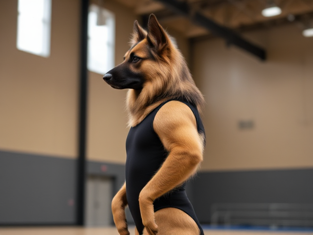 A anthropomorphic long haired German shepherd wearing a gymnastics leotard in a gymnasium