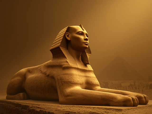 create an image that conveys this idea with a mysterious style : the sphinx in ancient Egyptian literature and ancient Egyptian mythology