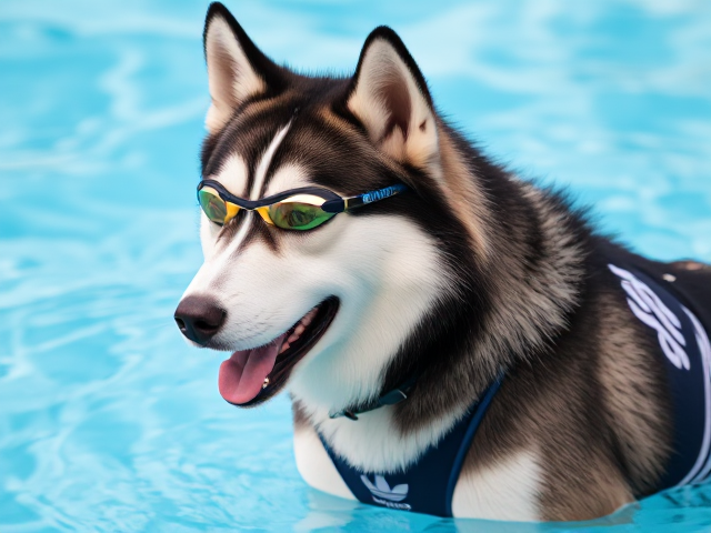 A anthropomorphic Siberian husky wearing an adidas swimsuit and swimming goggles