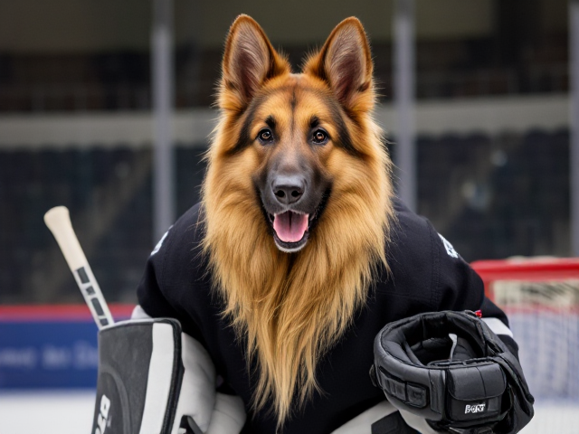 A anthropomorphic long haired German shepherd wearing hockey goalie pads glove and blocker