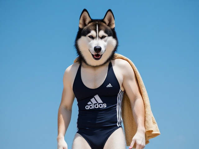 A tall anthropomorphic Siberian husky wearing an adidas swimsuit drying off with a towel
