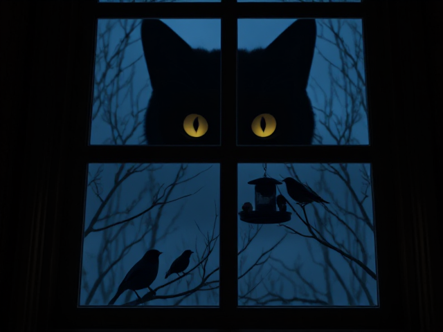 Looking into a window with a silhouette of cat eyes inside looking out the window at scared birds at a bird feeder