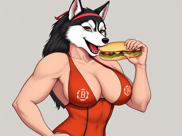 A muscular anthropomorphic female Alaskan malamute wearing a lifeguard one piece swimsuit eating a sub sandwich