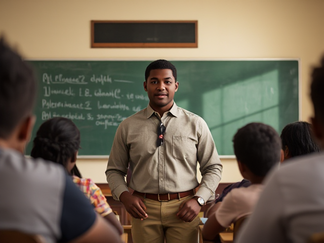 Un enseignant afro américain au milieu d'élèves afro-américains dans une salle de classe, ambiance studieuse et chaleureuse, tableau noir avec écriture visible, lumière naturelle entrant par la fenêtre