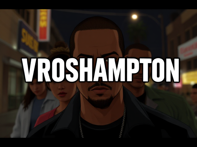 Design a poster inspired by the iconic GTA San Andreas loading screen style, replacing the title with 'VROSHAMPTON' in the exact GTA San Andreas font. The poster should reflect the same bold, comic-style visuals and include five characters similar to those seen in GTA San Andreas. Keep the characters subtle and slightly blurred in the background, while the focus remains on the text 'VROSHAMPTON.' Add soft film grain and cinematic lighting for realism, resembling the quality of a Panavision Panaflex camera from 80s movies. The backdrop should evoke a Los Santos (Los Angeles) urban street vibe, ensuring the design captures the essence of a GTA San Andreas poster.