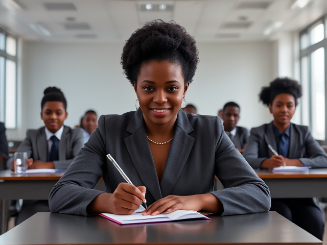 Un institutrice africaine dans une salle de classe moderne et lumineuse écrivant au tableau , avec des élèves noirs assis à leurs bureaux, souriant et attentifs