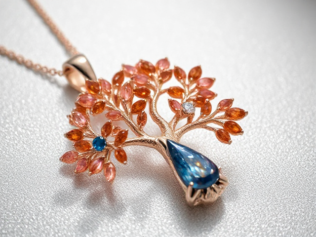 realistic peach tourmaline tree pendant necklace; intricately crafted with exquisite detail; shimmering silver surface;  the trunk and branches are made from blue quartz and amber, creating strokes along the wood; the leaves are dazzling rose gold diamonds elegantly set and glistening in light; sophisticated and luxurious design; soft ambient lighting highlighting every aspect of craftsmanship; macro focus capturing every facet and sparkle in high resolution; elegant branches extending gracefully from the trunk with meticulous precision