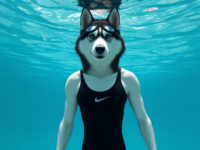 A tall and lean anthropomorphic Siberian husky with a long torso and broad shoulders, wearing a black Nike one piece swimsuit and swimming goggles, underwater
