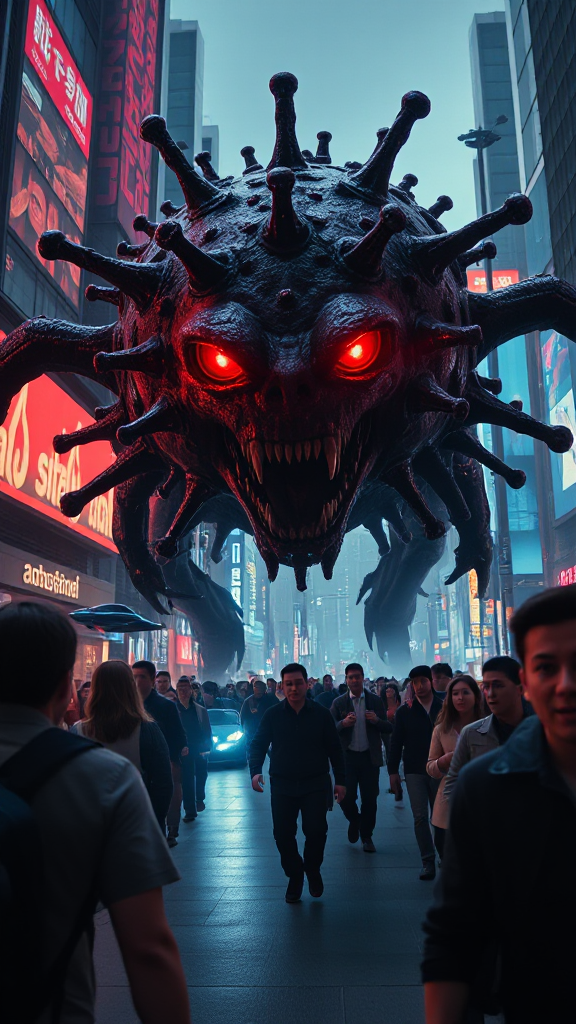 Monstrous Corona virus with menacing spikes and glowing red eyes, chasing terrified people in a high-tech futuristic city. Intense fear and urgency with dramatic lighting casting long shadows, panic on the faces of the people. Holographic advertisements, flying cars, and neon signs enhance the atmosphere