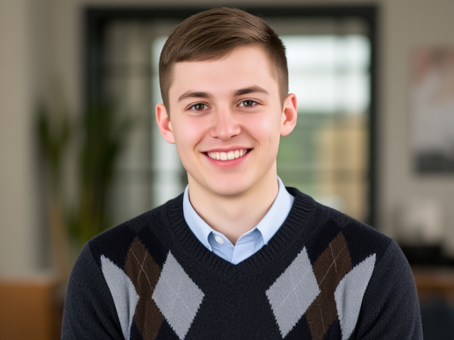 Clean cut, short haired nerdy twenty-something wearing an argyle sweater and smiling at the viewer