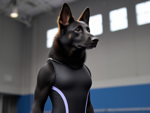 A anthropomorphic black German shepherd with blonde hair wearing a gymnastics leotard in a gymnasium