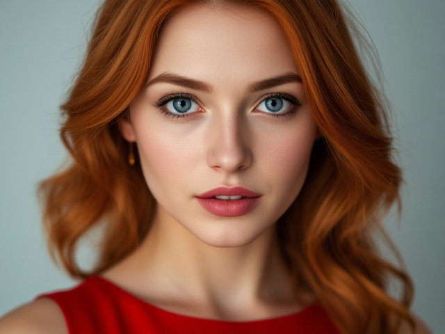 Woman red hair blue eyes red dress