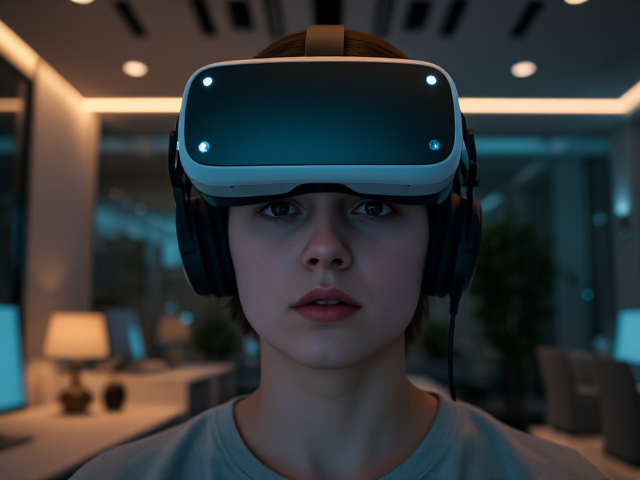 A serene, futuristic office environment where neuromarketing techniques are being used; a calm, focused individual wearing modern VR headset connected to a glowing neural interface. The background features sleek, minimalist décor with soothing colors and ambient light. Highly detailed neurons and digital data flows subtly integrated into the scene to illustrate brain activity and data processing. Soft diffused lighting enhances the tranquil atmosphere. Camera positioned at eye level for an immersive perspective, slightly angled to capture both the user and the interactive elements.