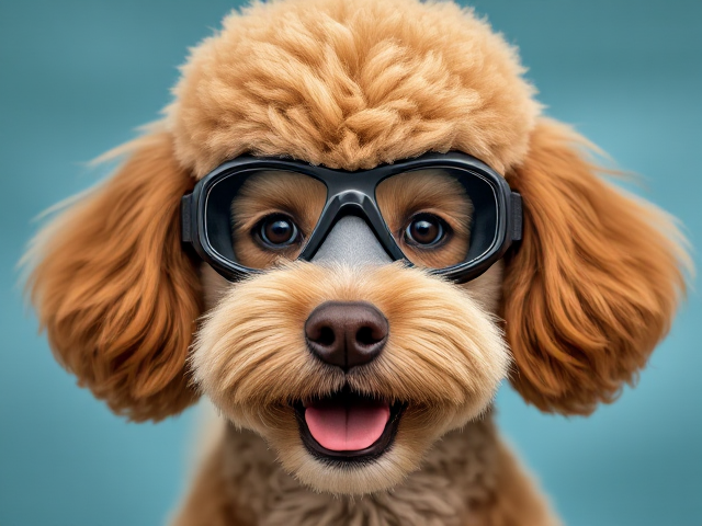 Anthropomorphic poodle wearing sleek freediving goggles, detailed fur texture, vibrant colors, playful expression