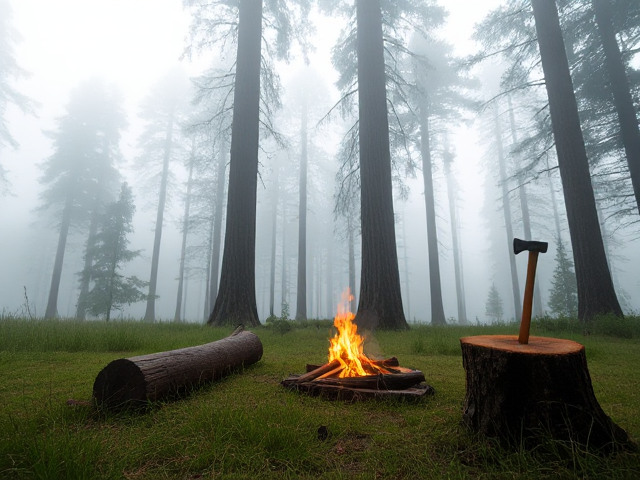 Create a realistic forest background with large trees and a soft, misty atmosphere. The focal point should be a small campfire at the center of the image, with a log nearby for sitting. Next to the log, place a tree stump with an axe embedded in it. Grass should surround the campfire, but keep the scene simple with no extra objects like additional logs. The trees in the background should be tall and partially covered by fog, giving a calm, peaceful wilderness feel. The lighting should emphasize the campfire glow and the misty environment."