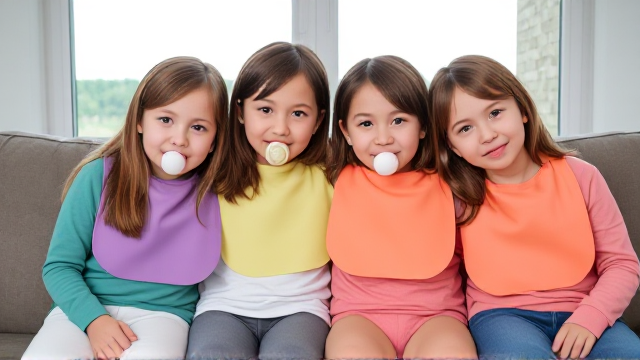 Quatre filles adolescentes aux cheveux lisses et dégagé et de différentes couleurs a l'avant assis dans un canapé avec des très grands Bavoirs simple de différentes couleurs en plastique et des tétines en bouches elles sont en tee-shirts manches longues de différentes couleurs que les Bavoirs et ont des et elles se font un gros câlin et il y a une grande fenêtre derrière le canapé
