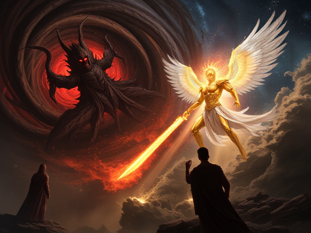 An epic celestial confrontation between powerful deities unfolds in a vast, cosmic battleground. One deity, cloaked in a swirling vortex of sinister shadows, emanates a malevolent energy, their eyes glowing with an eerie crimson light. Jagged tendrils of dark matter twist and coil around their form, ready to strike with devastating force. Opposing them stands a radiant figure of righteous brilliance, their armor gleaming like molten gold, casting beams of pure light that cut through the darkness. Their ethereal wings shimmer with iridescent hues, and their weapon—a blade infused with celestial fire—burns with unwavering resolve.

In the periphery, partially obscured by shifting clouds of cosmic dust, a third figure lurks in the shadows. This enigmatic presence, cloaked in flowing robes that merge with the void itself, observes the clash with calculating intensity. One hand hovers near an ancient artifact, charged with latent power, poised to intervene or tip the scales of battle. The heavens ripple with energy, stars dim under the weight of the divine conflict, and the very fabric of reality quivers in anticipation of an outcome that could reshape existence itself. (Far view)(Semi-realistic)