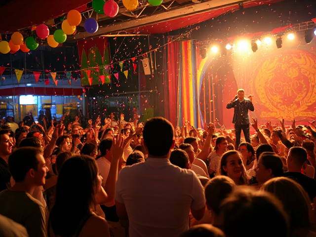 A vibrant festival scene, an excited crowd gathered around a stage with colorful decorations, a performer about to reveal a surprise under the bright lights. The background is filled with balloons and confetti. Highly detailed in realism, with warm ambient lighting casting dramatic shadows, captured from a low-angle view to emphasize the anticipation.
