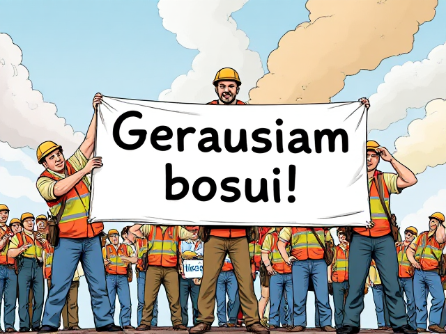 image in which group of workers are holdings big sign in which is writen this text: Geriausiam bosui! Few worker in back are holding smaller signt with blue text: Wilbergs. Style comic book