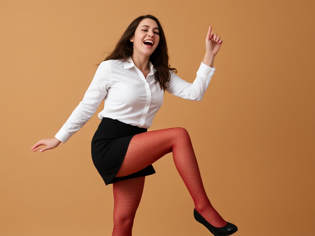 Beautiful semitic brunette in long-sleeve white button-up shirt, black mini-skirt, red fishnet stockings and black heels howling in hysterical laughter hopping on one leg