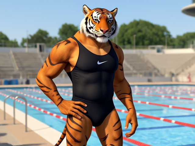 A tall and lean anthropomorphic tiger with a long torso and broad shoulders, wearing a high-cut Nike one piece swimsuit, while standing next to a Olympic swimming pool