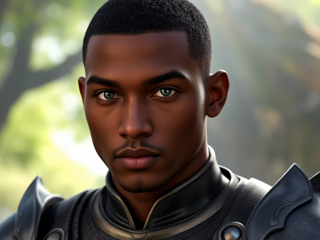 Black man,  medium brown skin, Athletic build, dark green eyes with blue flecks, short cropped black hair tapered at the bottom, 6 foot 2 inches, muscular, confident, sleek and cool armor fit for mobility