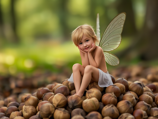 Fairy sitting on a pile of unshelled hazelnuts in an Enchanting, Victorian, Fairy Tale, Art style