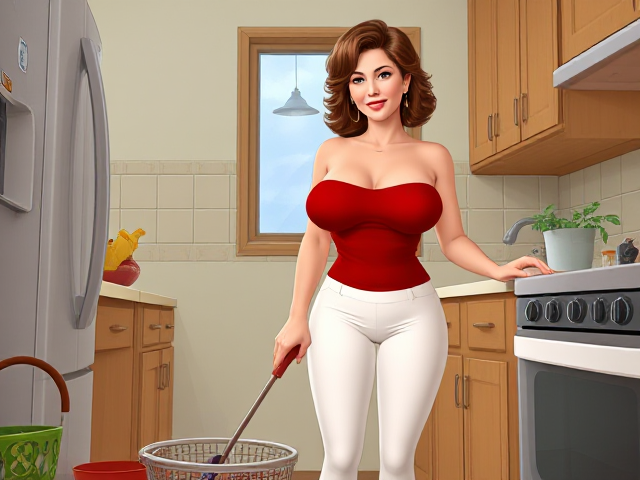 a very busty 50 year old attractive woman. she is wearing a tight red tube top with tight white pants. she is doing housework.