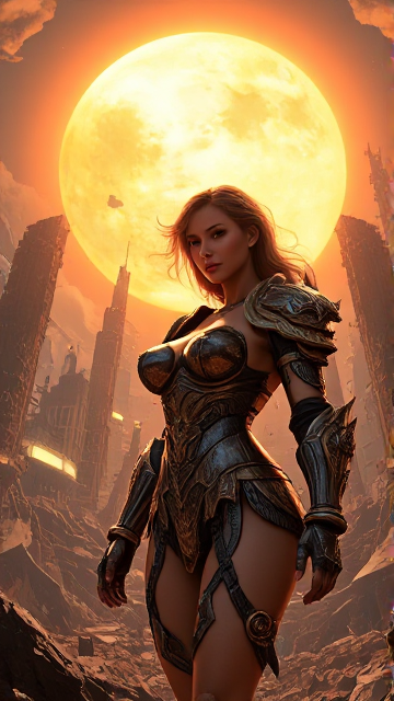 A surreal and sensual scene of a powerful, armor-clad female figure surrounded by the destruction of a once-vibrant city. The sun, a massive and intense ball of light, looms in the background, casting dramatic shadows and highlighting the intense colors of the scene. The figure's armor is adorned with intricate, fantastical patterns and appears to be alive, pulsating with energy. The overall atmosphere is a blend of chaos, beauty, and mystery, invoking a sense of both destruction and rebirth.