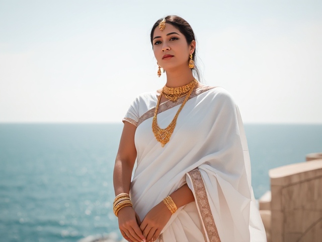 Woman in white saree with gold jewelry, a bindi, and white shoes, indian, and ocean background