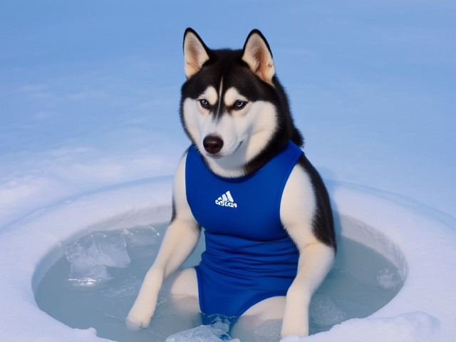 A anthropomorphic Siberian husky wearing a blue adidas swimsuit sitting in a ice bath