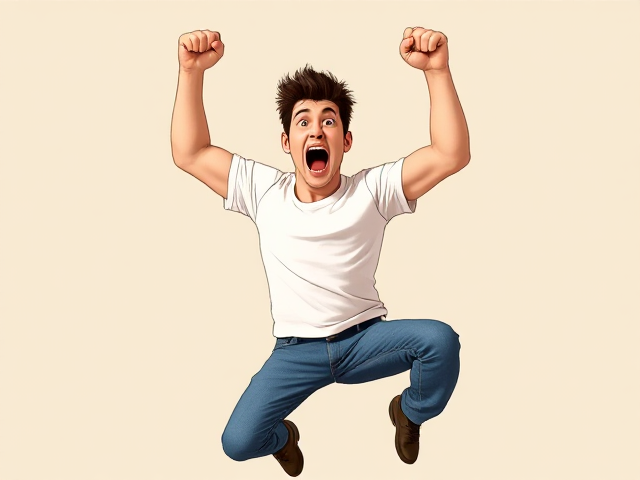 Bulky adult Man with greaser haircut, jeans and white T-shirt jumping in the air with his fist out while he yells something